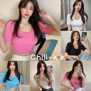 Chili_k❤️k❤️ เสื้อยืดแขนสั้นสไตล์เกาหลีสําหรับผู้หญิง เสื้อเชิ้ต เสื้อครอป 👕เสื้อยืดคอกลมแขนสั้นผู้หญิงใหม่ 9317-1