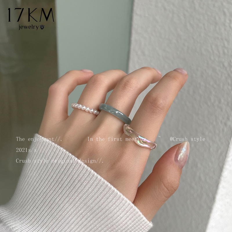 17 KM เซ็ต3ชิ้น แหวนมุก สําหรับผู้หญิง ชุดแหวนเรซิน ที่มีสีสัน อุปกรณ์เครื่องประ