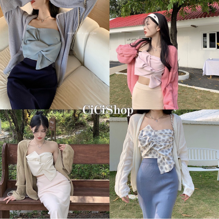 Cicishop(SALE/สุ่ม 9002+1216+H04)TupeTop Set3 เสื้อเกาะอก+เสื้อคลุม+กระโปรง เซตแยกชิ้นใส่แมตช์จับคู่