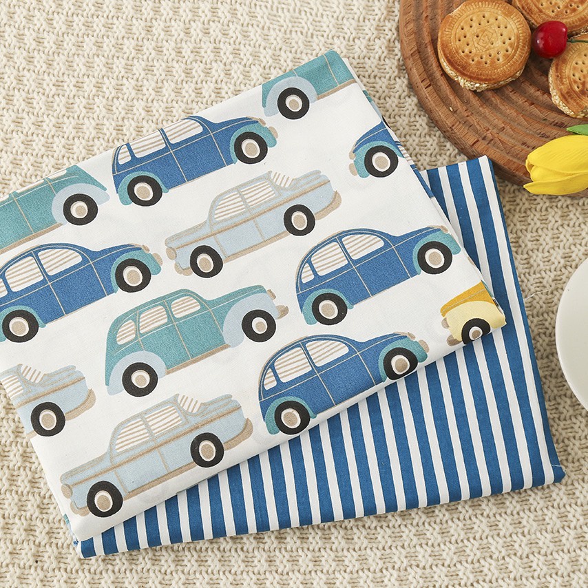 ผ้าคอตตอน 100% ทอทวิล ผ้าเมตร หน้ากว้าง 1.6 เมตร ลายรถ ลายผลไม้