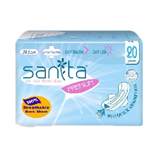 Sanita แซนนิต้า พรีเมี่ยม ผ้าอนามัย บางเฉียบ มีปีก ผิวหน้าแห้ง ความยาว 24.5 ซม. (20 ชิ้น)