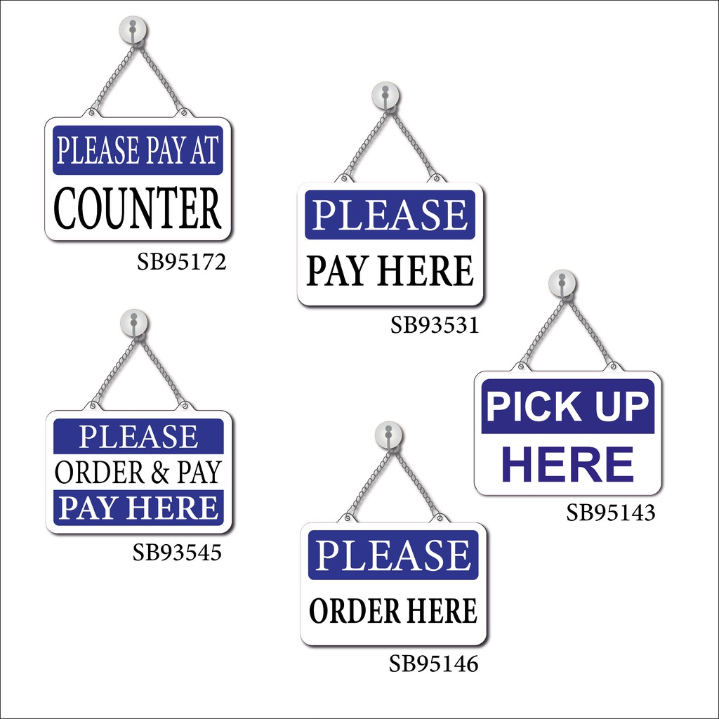PEASE PAY HERE, PALE ORDER HERE, PLEASE PRDER & PAY HERE, PLEASE PAY AT COUNTER กระดานป้ายแขวนพร้อมโ