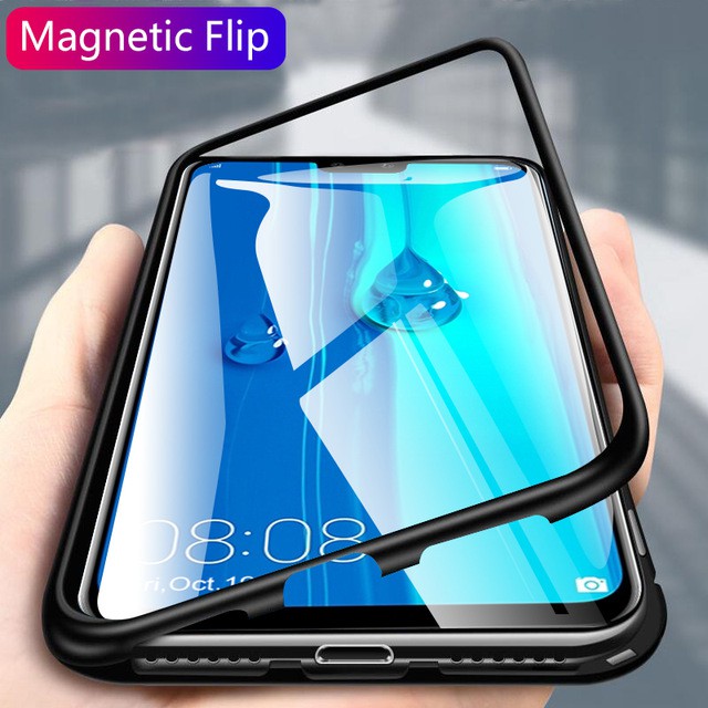 For Oppo Reno 8 7 6 5 Pro 4G 5G Reno8 5G  Double Sided Glass Flip Phone Case Magnetic Magnet Metal Bumper Full 360° Protection Hard Cases Cover