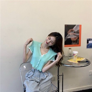 [Sale] เสื้อไหมพรมแขนสั้นคอวี กระดุมหน้าสีพื้น (เขียว)