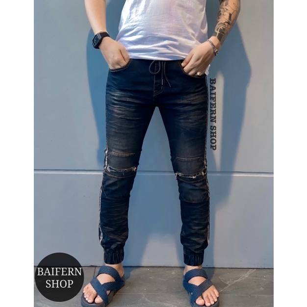 กางเกงยีนส์เอวยืด ผูกเชือกที่เอวได้ แต่งขาดเข่า แถบข้าง ขาจั๊ม - รูปที่ 3