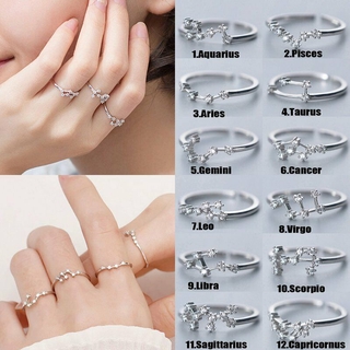 Charm 925 Silver 12 Constellations Zodiac Sign Zircon Crystal Adjustable Open Finger Ring Promise Bride Wedding Jewelry Gifts