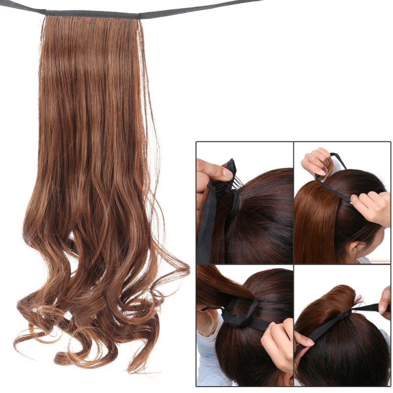 48cm Long Curly Hair Wig Ribbon Ponytails Drawstring Synthetic