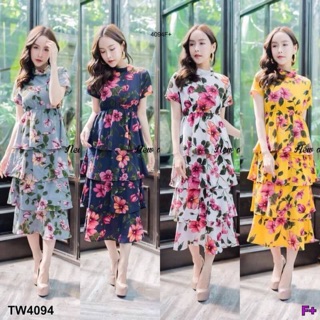 Maxidress ลายดอกไม้ 4 ชั้นระบายแขนสั้น สวย