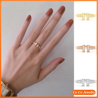 แหวนเพทาย รูปตัว T คู่ เปิด 18K สําหรับผู้หญิง COCOJEWELRY