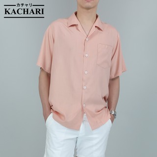 KACHARI เสื้อฮาวาย เสื้อเชิ้ตคอเปิด สีพื้น ผ้าเรยอน (สีชมพูโอรส)