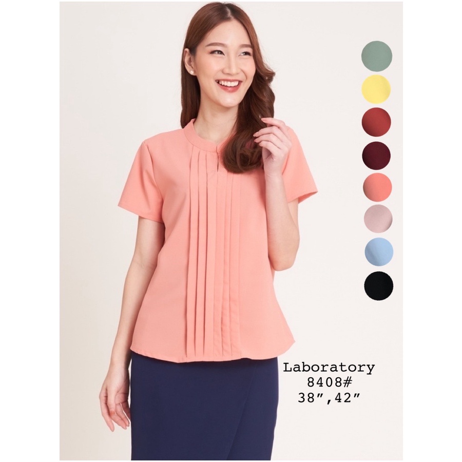 Laboratory 8408สีพื้น เสื้อทำงาน เสื้อสมัครแอร์ ทรงคอจีนแต่งสาบหน้าจับจีบซ้อน แขนสั้น