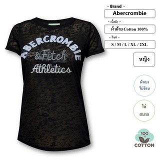 เสื้อยืด คอกลม แบรนด์ Abercrombie ลายปัก สีพื้น ผู้หญิง ผ้าฝ้าย 100%-สีดำ