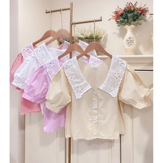 FK🍁พร้อมส่ง🍁 เสื้อครอป แขนสั้น ผ้าคอตตอน แต่งปกลูกไม้ฉลุ ทรงสวยหรูดูแพง สไตล์เกาหลี