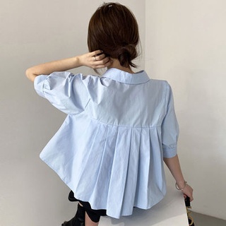 🔥Hot Sale/🌻💞Korea Careful Machine Fold Design Front Short Back Long Loose Baby Shirt Puff Sleeve Lapel Shirt Women