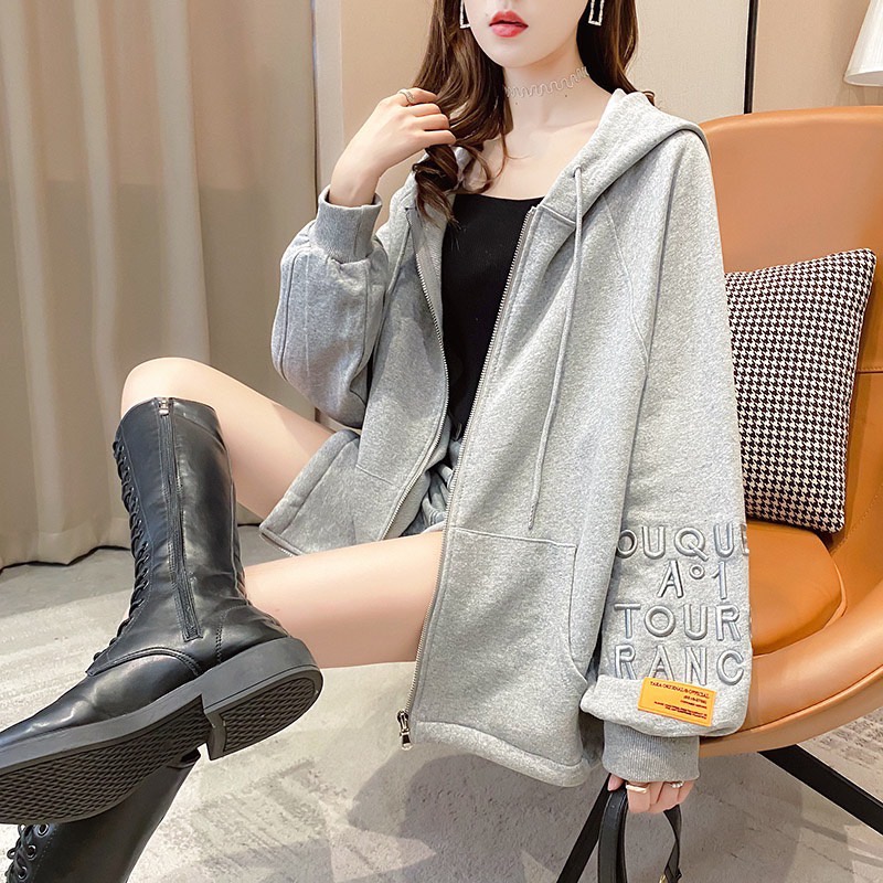 เสื้อแขนยาวมีฮู๊ด สีพื้น Oversize ซิปหน้า งานปักที่และและด้านหลัง ผ้าคอตตอล สินค้าพร้อมส่ง B21