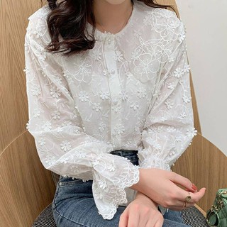 เสื้อคอปกผ้าแก้วฉลุลายดอก ผ้าลูกไม้ดอกเล็ก 3Dแขนยาวปลายแขนสม๊อกแต่งระบายปลายแขน