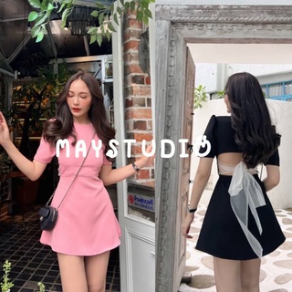 MAYSTUDIO เดรสสั้นคอกลมชิดด้านหลังติดกระดุมคอหลัง เอวซิปหลัง+ยางยืด ผูกโบว์ผ้าแก้ว