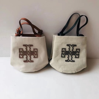 Tory Burch กระเป๋าโท้ท ผ้าแคนวาส ผ้าลินิน ขนาดใหญ่ ลายโลโก้ T สองสี