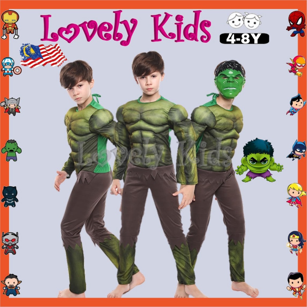 4-8Y LOVELY KIDS COSTUME HULK级 AVENGERS SUPERHERO MUSCLE HALLOWEEN COSTUME COSPLAY 绿 Giant Upper 圣节
