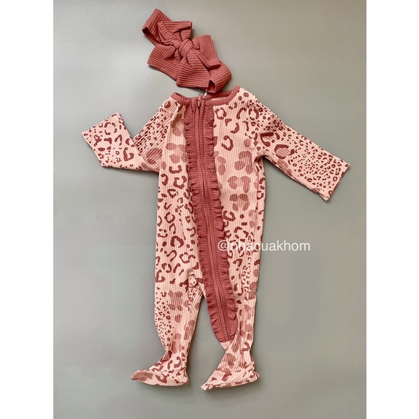 [GOOD EXPORT PRODUCTS] ถุงเท้าลายเสือดาวสีชมพู Mudpie/ ถุงนอนพร้อมผ้าโพกหัวสําหรับเด็กผู้หญิง 0-9m