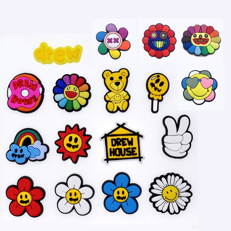 Drew House jibitz Justin Bieber รองเท้าแตะ Pins ดอกไม้สายรุ้ง Drew jibitz Charms สําหรับรองเท้าแตะรอ