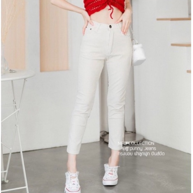 S~XL กางเกงทรงบอยสลิมขาเต่อผ้าลูกฟูกยืดสีขาว