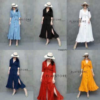 Maxi Dress แม็กซี่เดรสแขนศอก ติดกระดุม