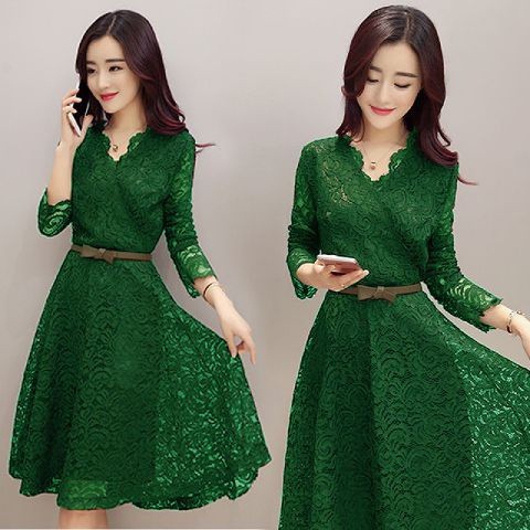 Oscar Fs - Shaby Dress - Green Brukat Lined Furing + Belt คุณภาพดีที่สุด