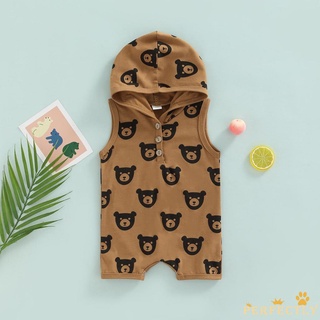 PEF-Baby Boys Girls Hooded Romper, Sleeveless Cartoon Bear Printed Jumpsuit