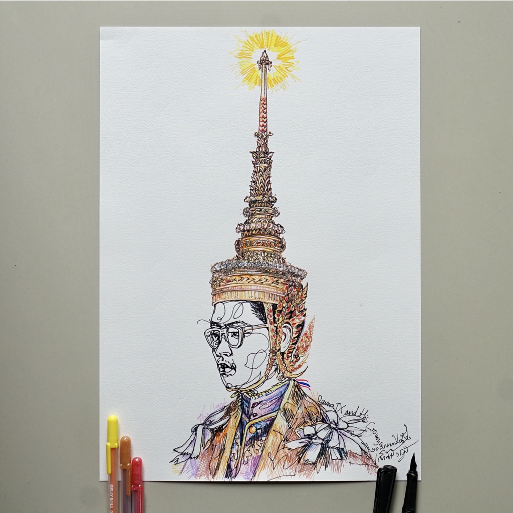 ภาพวาดในหลวง ร 9 ปากกาหมึกซึมสีดำ ลายเส้น