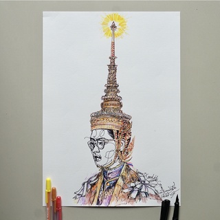 ภาพวาดในหลวง ร 9 ปากกาหมึกซึมสีดำ ลายเส้น