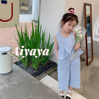 Aiyaya ชุดเสื้อผ้าเด็กผู้หญิง เสื้อแขนกุดลายสก๊อต + กางเกง ชุดเซต 2 ชิ้น（242）