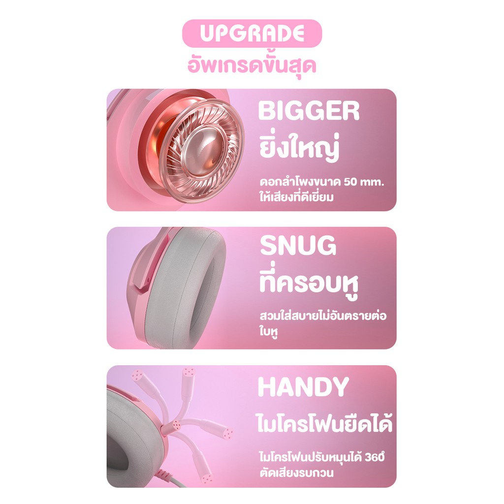 หูฟังเกมมิ่ง Onikuma K9 Ear Cat Gaming Headset สีชมพู หูแมวน่ารัก เสียงดังฟังชัด ไฟ RGB