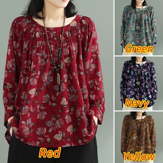 ZANZEA Women Vintage Floral Printed Loose Long Sleeve Shirts