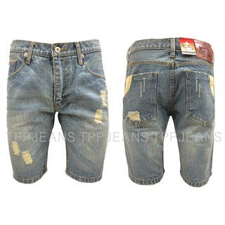 Mens Denim Blue Selvedge กางเกงยีนส์ขาสั้นสีบลูฟอกแต่งขาด ริมแดง งานตัดแต่งกระเป๋า งานตัดเย็บอย่างดี ป้ายหนังแท้ 28-3