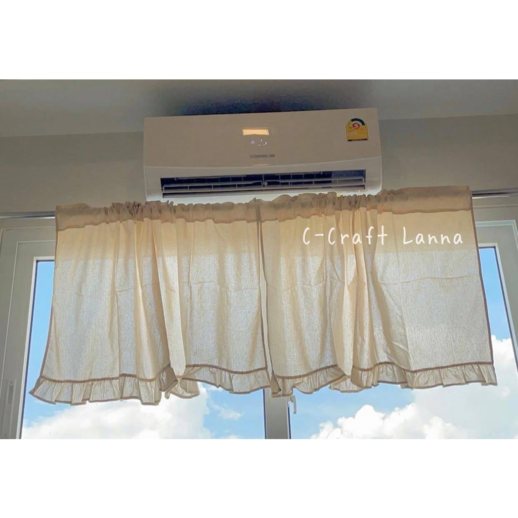 ผ้าม่านครึ่งหน้าต่าง ผ้าฝ้ายพื้นเมืองสีครีม เย็บระบายพู่ด้านล่าง ขนาด 110x60cm เกาหลีเกาใจ( MSNพู่60 )