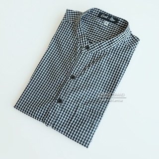 CAMISA BRAND เชิ้ตคอจีน สก็อตดำถี่(Y02) ผ้าCotton เสื้อทำงาน เสื้อใส่เที่ยว ดำ