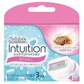 SCHICK INTUITION ใบมีดชนิดเติมพร้อมสบู่ในตัว รุ่นมอยส์เจอร์ แคร์ เชียร์บัตเตอร์ วิตามินบี 5 - ชุดละ 3 ชิ้น - 85 กรัม