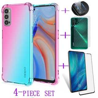 4 in 1 OPPO Reno5 4 3 A93 เคสโทรศัพท์มือถือ ไล่ระดับสี กันตกสี่มุม + ฟิล์มกระจกนิรภัย แบบเต็มจอ + ฟิล์มเลนส์กล้อง + ด้านหลังคาร์บอนไฟเบอร์