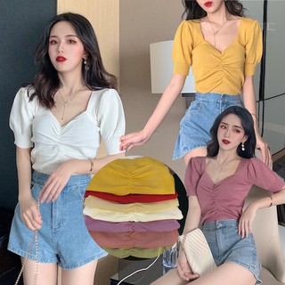 🔥พร้อมจัดส่ง🔥 เสื้อครอปแขนสั้น คอสามเหลี่ยมดีเทลแต่งเชือกผูกหน้า ขอบเสื้อแต่งสายมุ้งมิ้ง ผ้านิ่มสีสวยน่ารักมากๆ