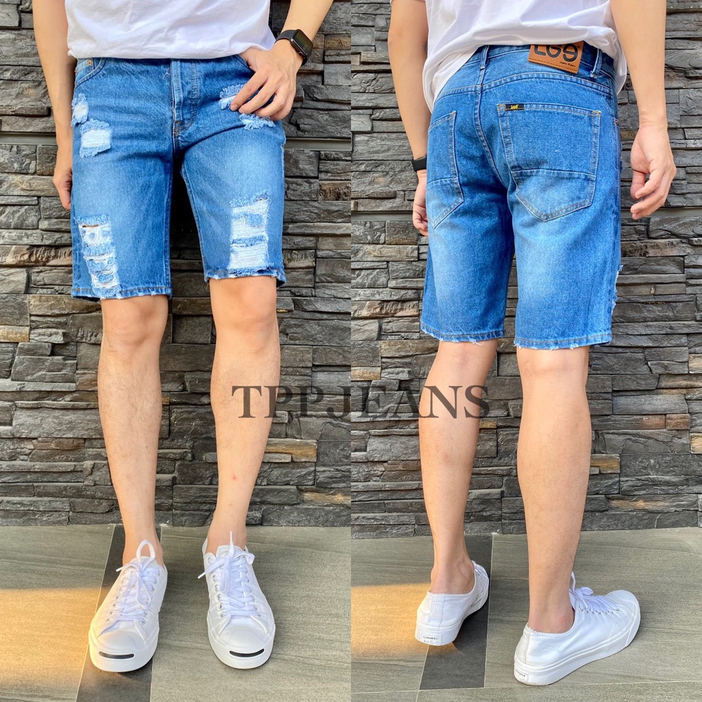 JEANSEXPRESS Shorts men's Blue Jeans กางเกงยีนส์ขาสั้นชายสีบลูยีนส์ฟอกขาด กระดุม งานตัดเย็บอย่างดี Size 28-42