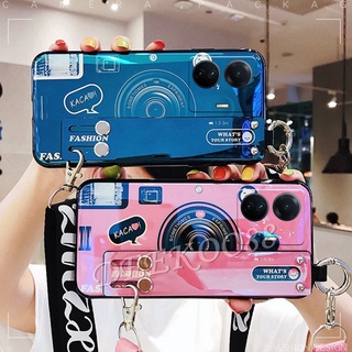 เคสโทรศัพท์มือถือ วีโว่ VIVO Y77 Y02S Y30 Y55 Y73 Y75 Y01 Y01A X80 Pro 5G 4G 2022 New TPU Softcase Camera Cute Casing With Wristband + Strap Rope Phone Case Good Quality Back Cover VIVOY77 VIVOY02S