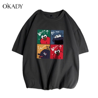 OKADY เสื้อเชิ้ตแขนสั้นผู้ชาย แฟชั่นสไตล์ฮ่องกงพิมพ์แขนสั้นคอกลมแฟชั่นสีแดงสุทธิวรรคเดียวกันเสื้อยืดคู่รักนักเรียนฤดูร้อนเสื้อผ้าผู้ชาย เสื้อยืดแขนสั้น