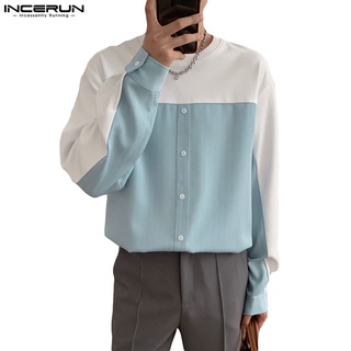 Incerun เสื้อเชิ้ตลําลอง แขนยาว คอกลม ทรงหลวม ลายทาง สําหรับผู้ชาย