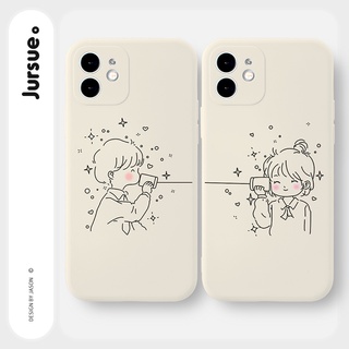 JURSUE เคสคู่ เคสไอโฟน คู่รัก ขอบเหลี่ยมกันกระแทกซิลิโคนนุ่มการ์ตูนน่ารักตลก เคสโทรศัพท์ Compatible for iPhone 13 12 11 Pro Max SE 2020 X XR XS 8 7 6 6S Plus พลัส สีขาว Y1689