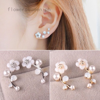 flowersqueen เครื่องประดับสุภาพสตรีต่างหูแบบติดหูคริสตัลรูปดอกไม้ Rhinestone 1คู่