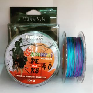 สาย PE Weebass รุ่่น Samurai ซามูไร ถัก x8 สีรุ้ง ยาว 300 เมตร ม้วนละ 450 บาท