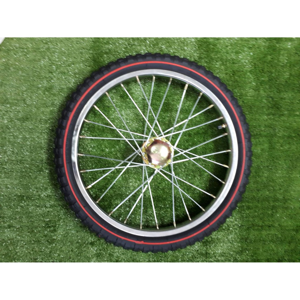 ล้อสำเร็จรถเข็นขนาด 20" พร้อมดุมแป๊ป + ซี่ลวดเหล็ก + ยางนอก + ยางใน 20× 2.125