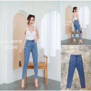 G.D.Jeans รุ่น 90296#กางเกงยีนส์แฟชั่นขายาวผ้ายืดเอวสูงทรงเดฟสียีนส์ฟ้าแต่งมุกหน้าแบบน่ารัก