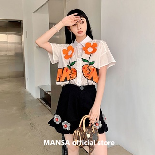 MANSA cute print flower shirt+ruffled shorts set เสื้อน่ารักผู้หญิง เสื้อเชิ้ตสาวอวบ เสื้อโอเวอร์ไซส์ กางเกงขาสั้น